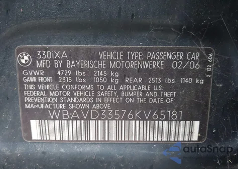 2006 BMW 330Xi из США, поврежденный, VIN WBAVD33576KV65181